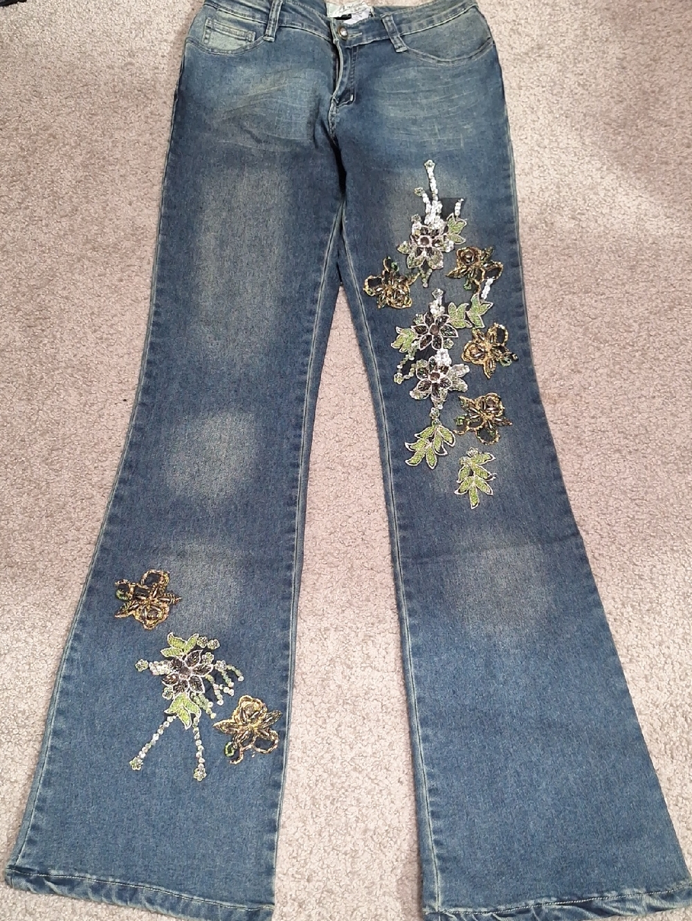 Women's Blue Flare Jeans with Floral Appliqué